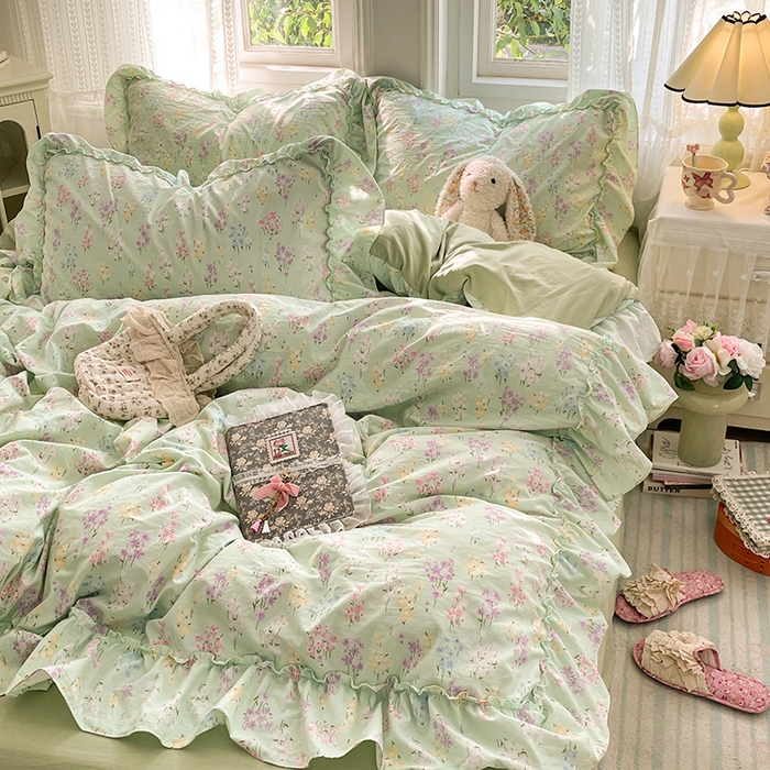 91家纺网 家纺一手货源 找家纺 优尚佳生活馆 2026新款A类仿棉水洗法式工艺花边四件套 花开半夏