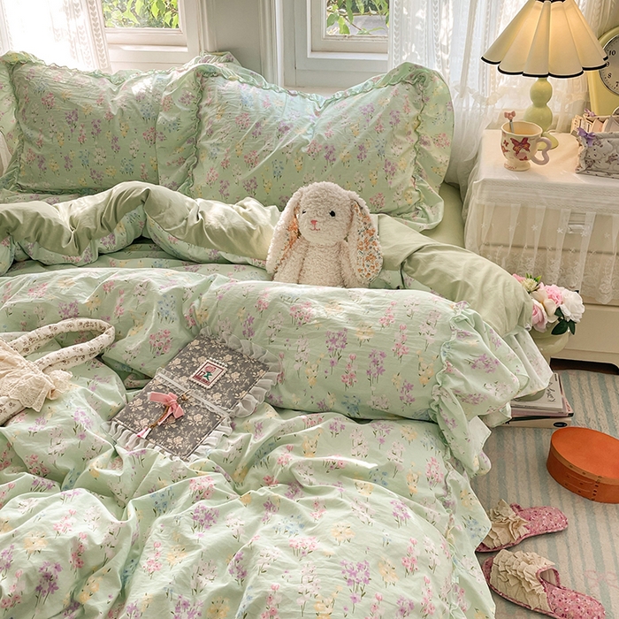 91家纺网 家纺一手货源 找家纺 优尚佳生活馆 2026新款A类仿棉水洗法式工艺花边四件套 花开半夏