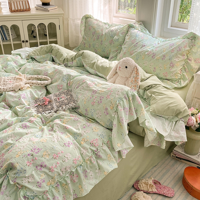 91家纺网 家纺一手货源 找家纺 优尚佳生活馆 2026新款A类仿棉水洗法式工艺花边四件套 花开半夏