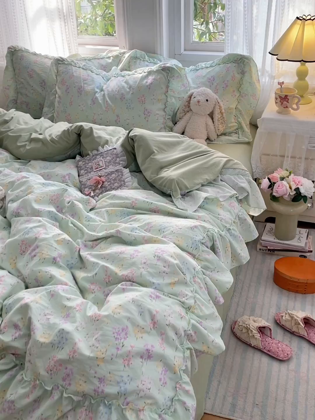 91家纺网 家纺一手货源 找家纺 优尚佳生活馆 2026新款A类仿棉水洗法式工艺花边四件套 花开半夏