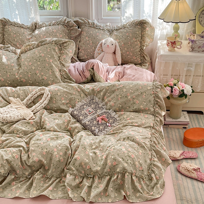 91家纺网 家纺一手货源 找家纺 优尚佳生活馆 2026新款A类仿棉水洗法式工艺花边四件套 曼塔蔷薇