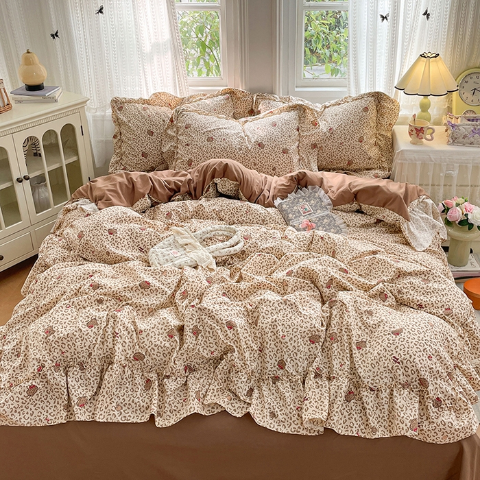 91家纺网 家纺一手货源 找家纺 优尚佳生活馆 2026新款A类仿棉水洗法式工艺花边四件套 奶豹栖塌