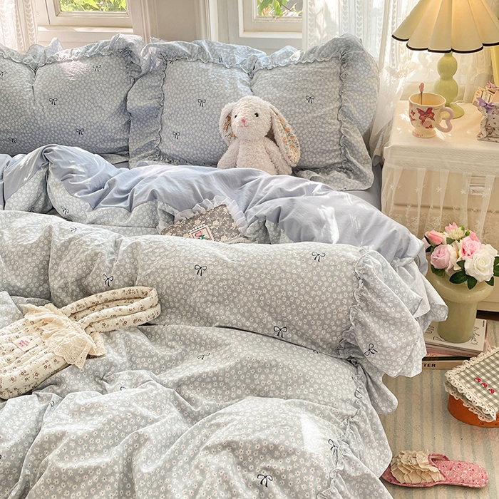 91家纺网 家纺一手货源 找家纺 优尚佳生活馆 2026新款A类仿棉水洗法式工艺花边四件套 奶蓝碟语