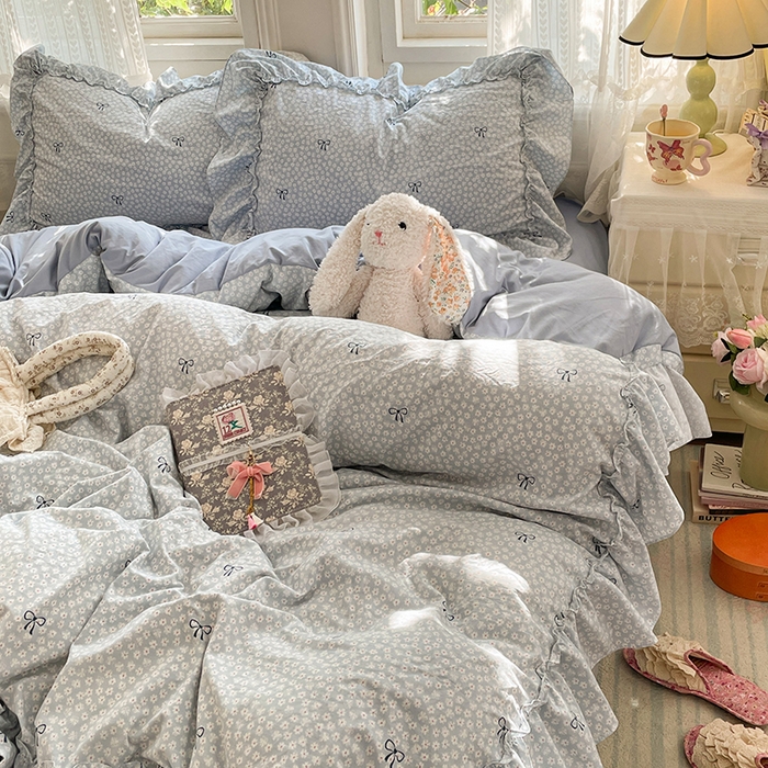 91家纺网 家纺一手货源 找家纺 优尚佳生活馆 2026新款A类仿棉水洗法式工艺花边四件套 奶蓝碟语