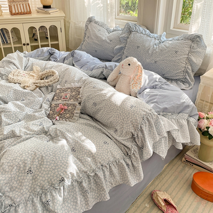 91家纺网 家纺一手货源 找家纺 优尚佳生活馆 2026新款A类仿棉水洗法式工艺花边四件套 奶蓝碟语