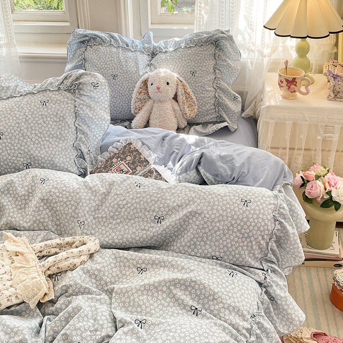 91家纺网 家纺一手货源 找家纺 优尚佳生活馆 2026新款A类仿棉水洗法式工艺花边四件套 奶蓝碟语