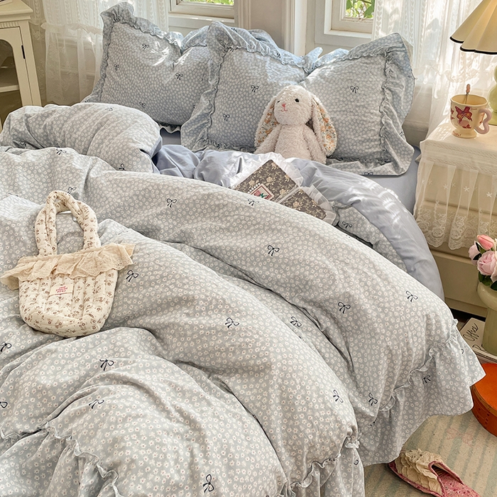 91家纺网 家纺一手货源 找家纺 优尚佳生活馆 2026新款A类仿棉水洗法式工艺花边四件套 奶蓝碟语