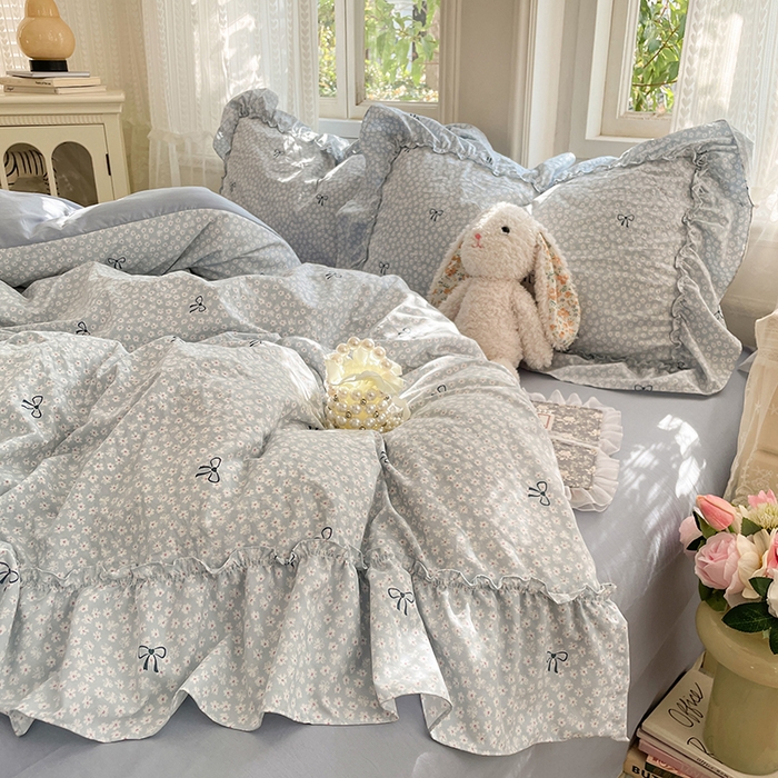 91家纺网 家纺一手货源 找家纺 优尚佳生活馆 2026新款A类仿棉水洗法式工艺花边四件套 奶蓝碟语