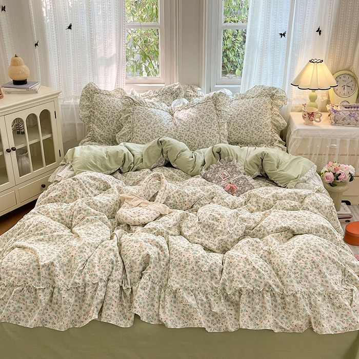 91家纺网 家纺一手货源 找家纺 优尚佳生活馆 2026新款A类仿棉水洗法式工艺花边四件套 青樱花梦