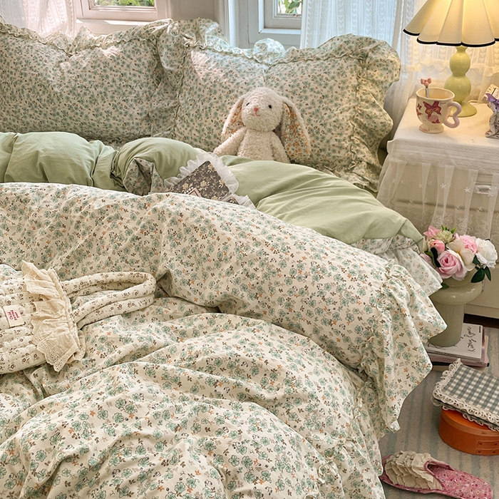 91家纺网 家纺一手货源 找家纺 优尚佳生活馆 2026新款A类仿棉水洗法式工艺花边四件套 青樱花梦