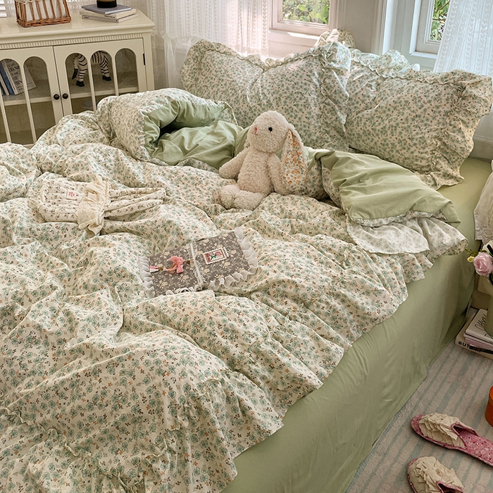 91家纺网 家纺一手货源 找家纺 优尚佳生活馆 2026新款A类仿棉水洗法式工艺花边四件套 青樱花梦