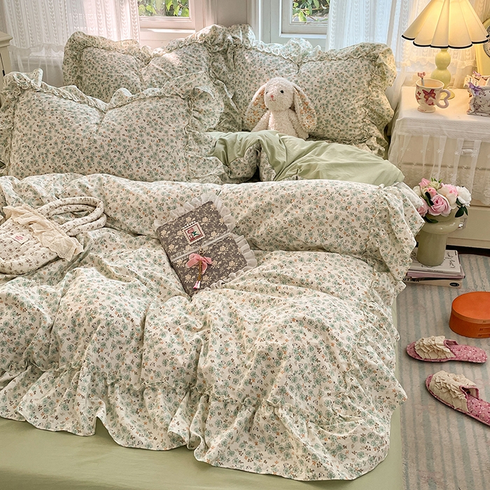 91家纺网 家纺一手货源 找家纺 优尚佳生活馆 2026新款A类仿棉水洗法式工艺花边四件套 青樱花梦