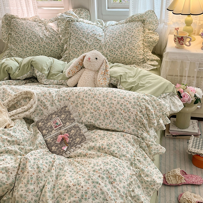 91家纺网 家纺一手货源 找家纺 优尚佳生活馆 2026新款A类仿棉水洗法式工艺花边四件套 青樱花梦