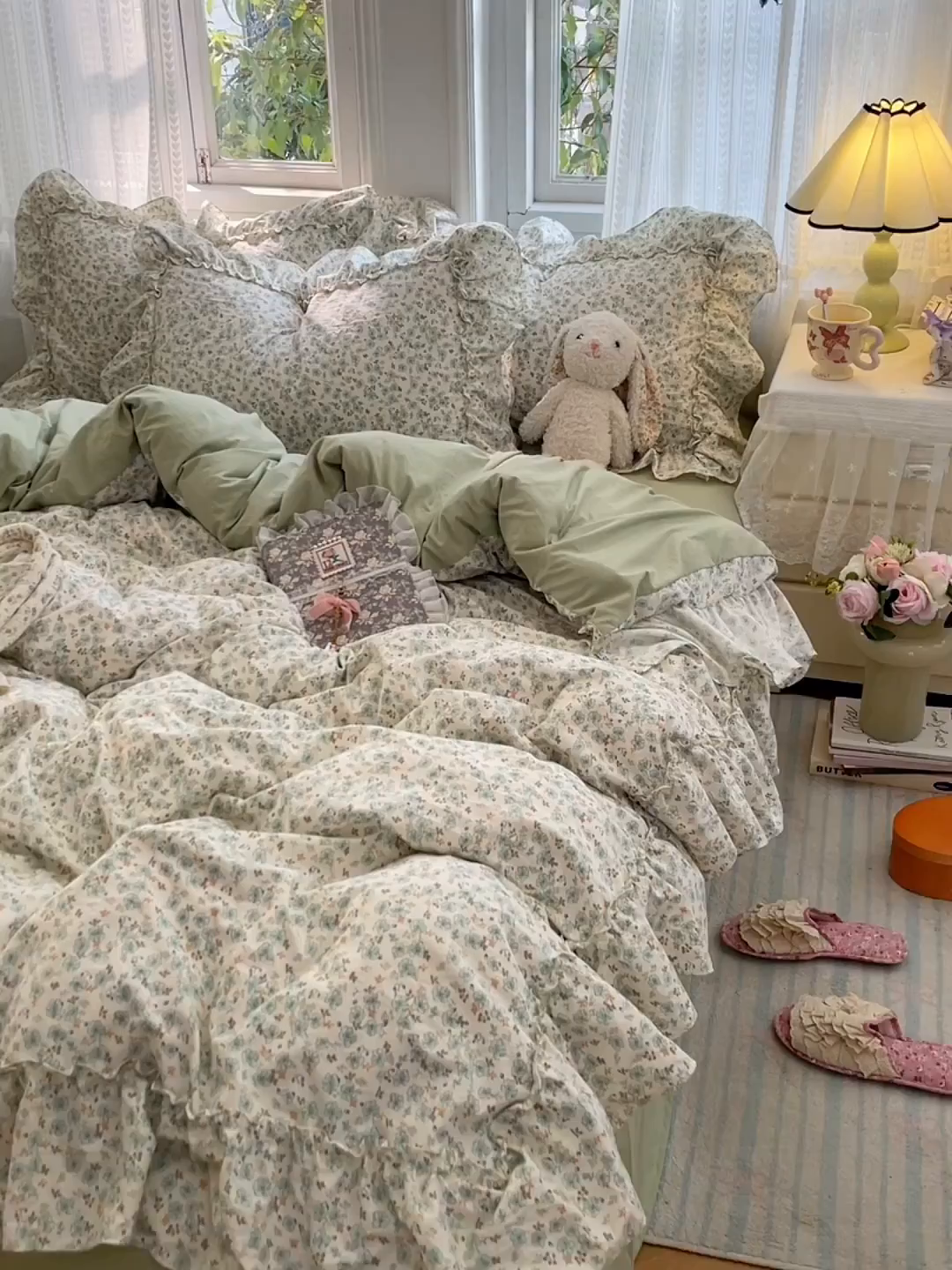 91家纺网 家纺一手货源 找家纺 优尚佳生活馆 2026新款A类仿棉水洗法式工艺花边四件套 青樱花梦