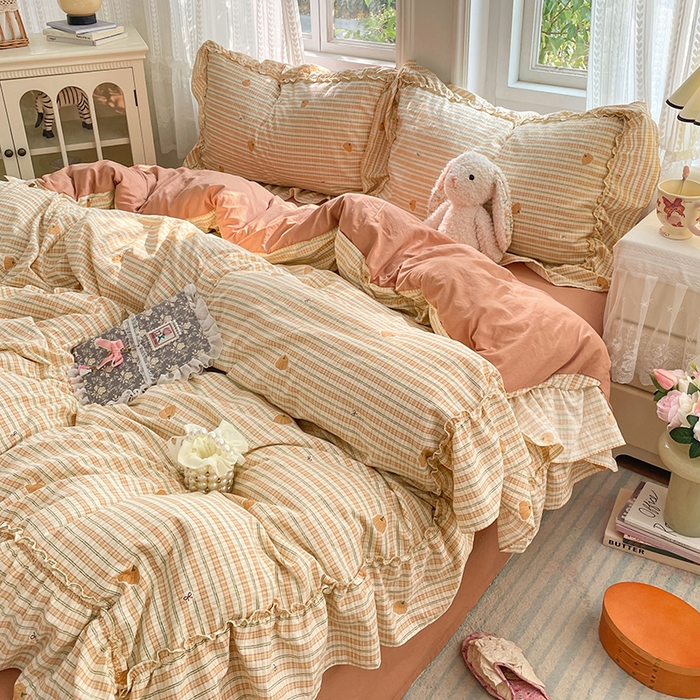 91家纺网 家纺一手货源 找家纺 优尚佳生活馆 2026新款A类仿棉水洗法式工艺花边四件套 甜瓜条纹