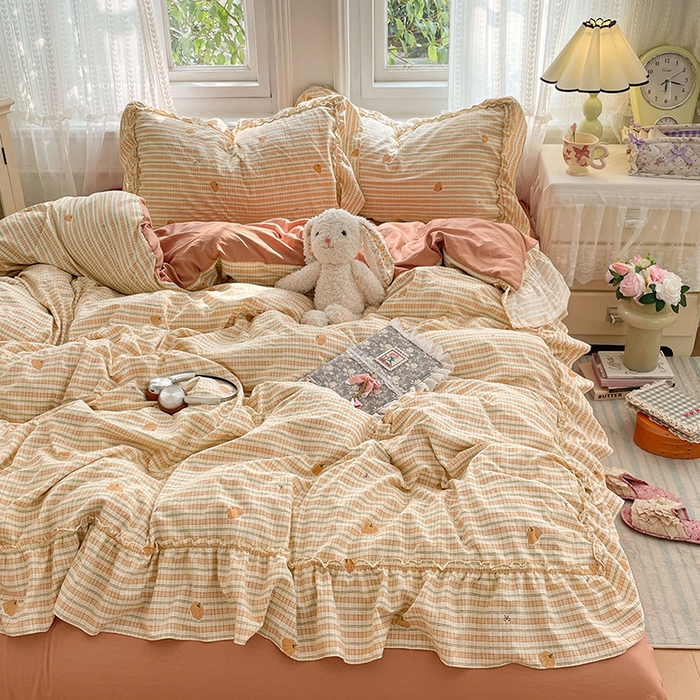 91家纺网 家纺一手货源 找家纺 优尚佳生活馆 2026新款A类仿棉水洗法式工艺花边四件套 甜瓜条纹