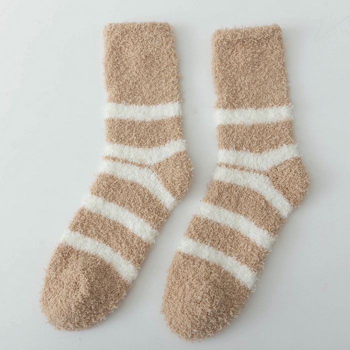 91家纺网 家纺一手货源 找家纺 良品汇馆 2026新款【女士珊瑚绒袜】珊瑚袜子女加厚保暖地板袜秋冬中筒袜女士加绒月子袜 新-卡其多条纹 均码