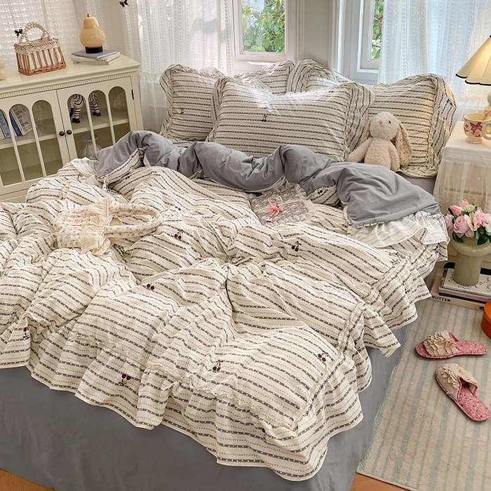 优尚佳生活馆 2026新款A类仿棉水洗法式工艺花边四件套 条纹织梦