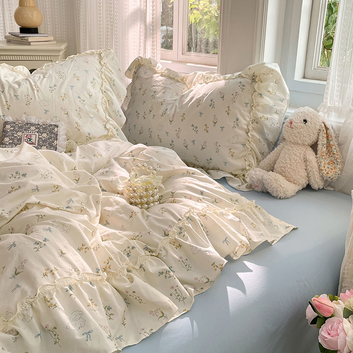 91家纺网 家纺一手货源 找家纺 优尚佳生活馆 2026新款A类仿棉水洗法式工艺花边四件套 雾蓝香熏