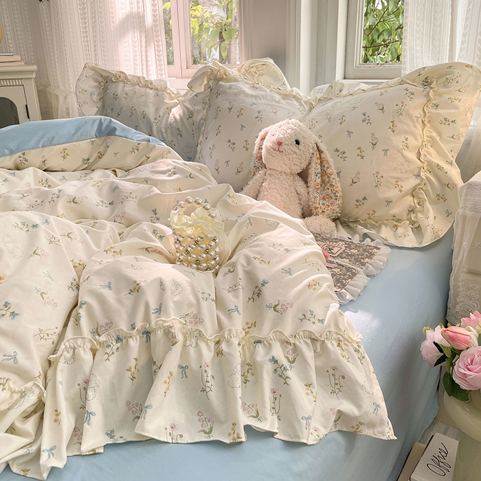 91家纺网 家纺一手货源 找家纺 优尚佳生活馆 2026新款A类仿棉水洗法式工艺花边四件套 雾蓝香熏