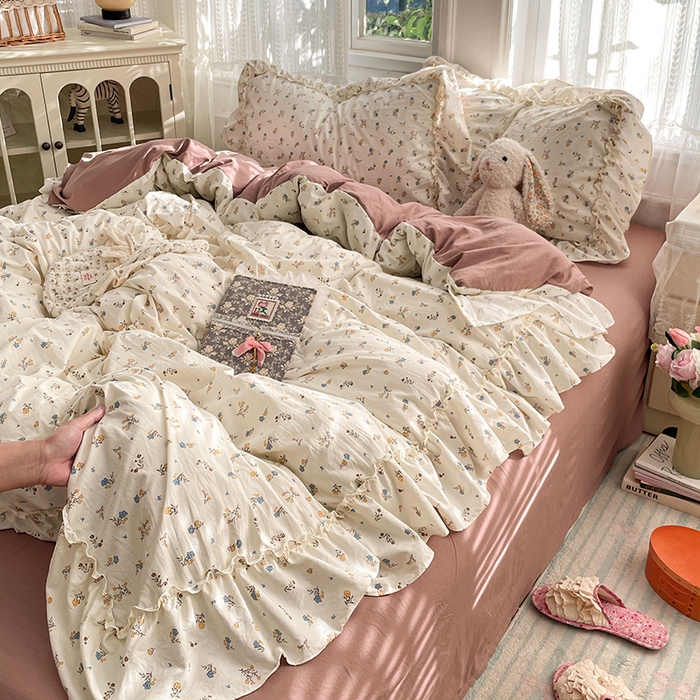 91家纺网 家纺一手货源 找家纺 优尚佳生活馆 2026新款A类仿棉水洗法式工艺花边四件套 鸳尾轻眠