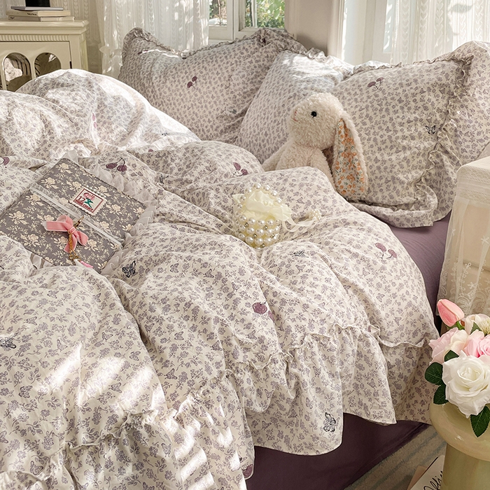 91家纺网 家纺一手货源 找家纺 优尚佳生活馆 2026新款A类仿棉水洗法式工艺花边四件套 云樱染紫