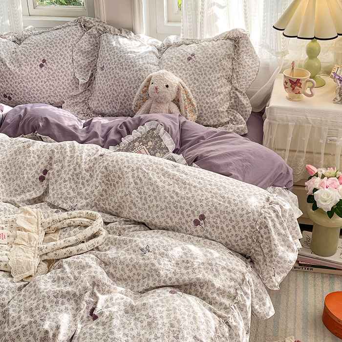 91家纺网 家纺一手货源 找家纺 优尚佳生活馆 2026新款A类仿棉水洗法式工艺花边四件套 云樱染紫