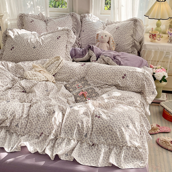 91家纺网 家纺一手货源 找家纺 优尚佳生活馆 2026新款A类仿棉水洗法式工艺花边四件套 云樱染紫