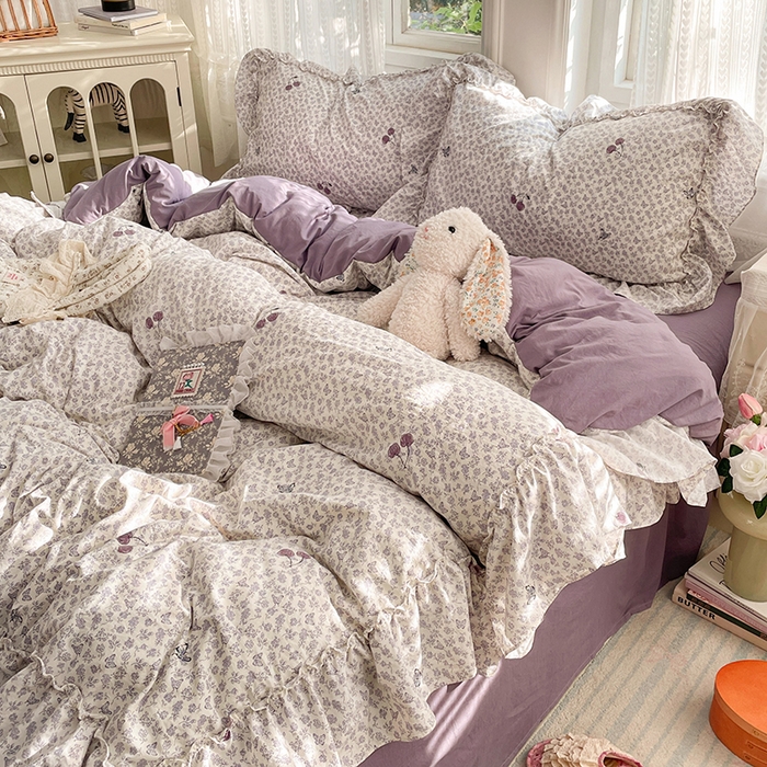 91家纺网 家纺一手货源 找家纺 优尚佳生活馆 2026新款A类仿棉水洗法式工艺花边四件套 云樱染紫