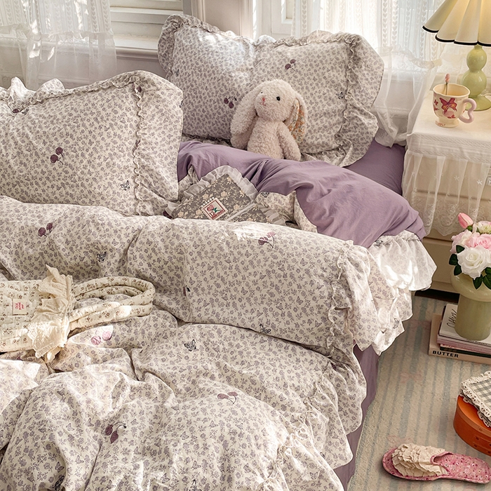 91家纺网 家纺一手货源 找家纺 优尚佳生活馆 2026新款A类仿棉水洗法式工艺花边四件套 云樱染紫