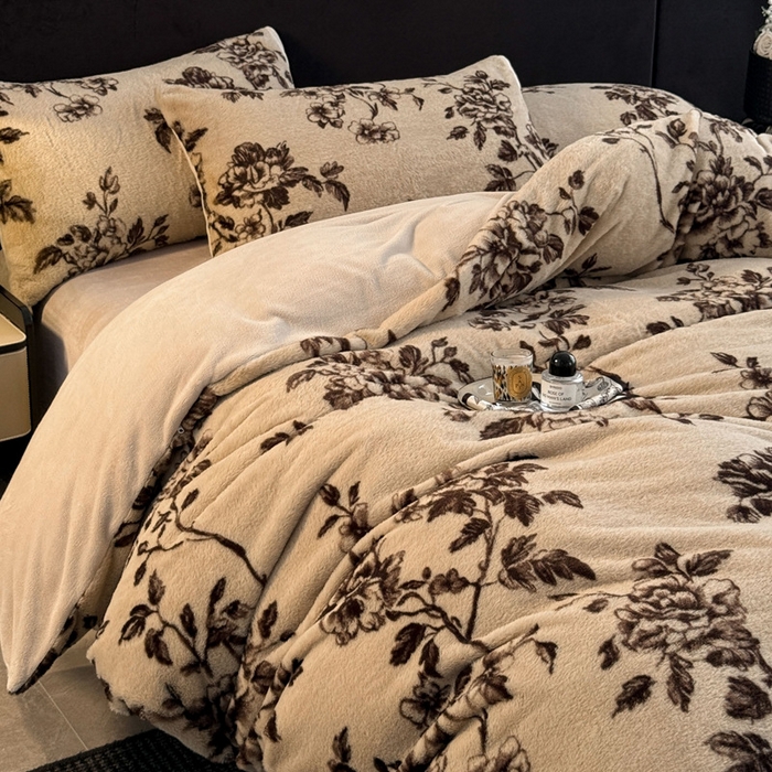 良品汇馆 2026新款【小米貂绒套件】秋冬保暖四件套良品绒布加厚床品牛奶绒冬天印花 小米貂-棕影绘花