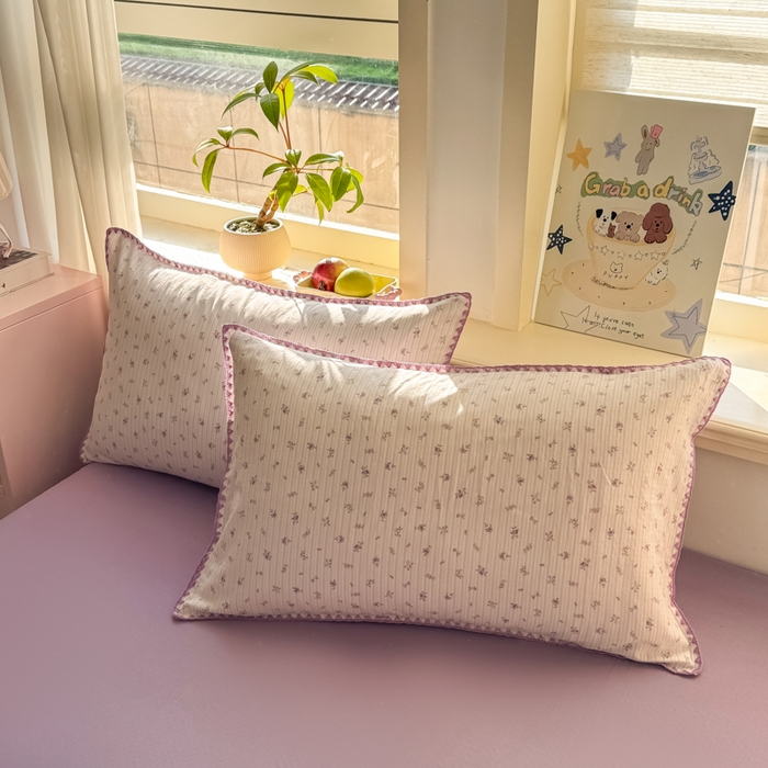 对白 2026新款A类全棉纯棉有氧双层纱贝壳边三角针单枕套枕套单件 花颜-紫