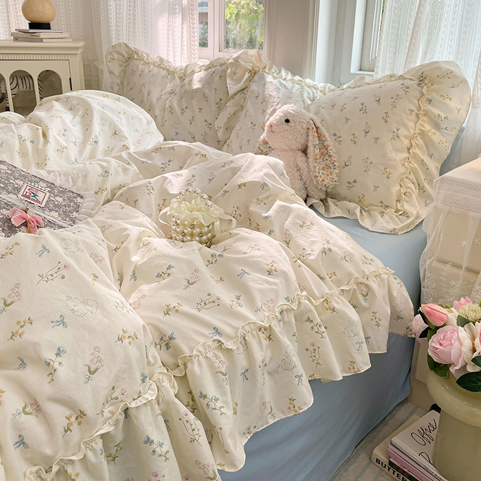 91家纺网 家纺一手货源 找家纺 优佳优品 2026新款A类仿棉水洗法式工艺花边四件套 雾蓝香熏