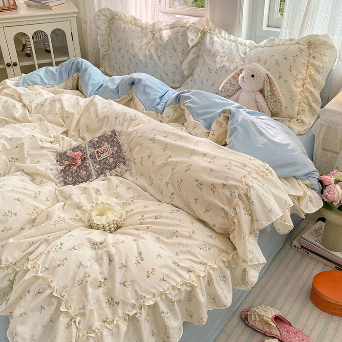 91家纺网 家纺一手货源 找家纺 优佳优品 2026新款A类仿棉水洗法式工艺花边四件套 雾蓝香熏