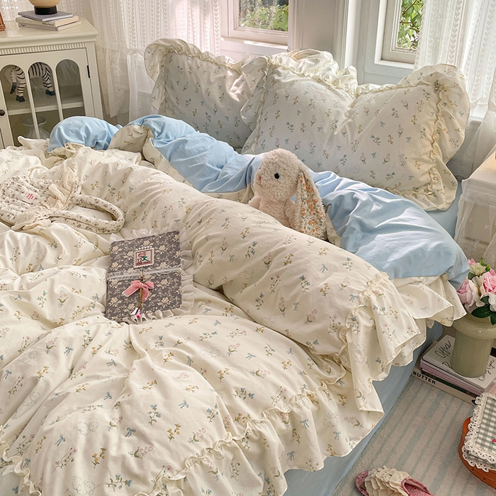 91家纺网 家纺一手货源 找家纺 优佳优品 2026新款A类仿棉水洗法式工艺花边四件套 雾蓝香熏