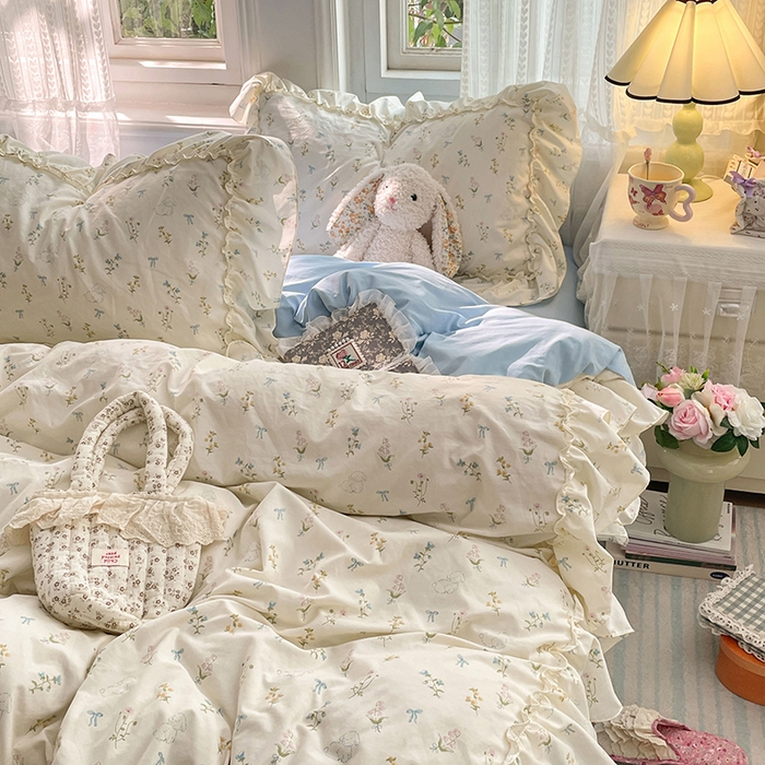 91家纺网 家纺一手货源 找家纺 优佳优品 2026新款A类仿棉水洗法式工艺花边四件套 雾蓝香熏