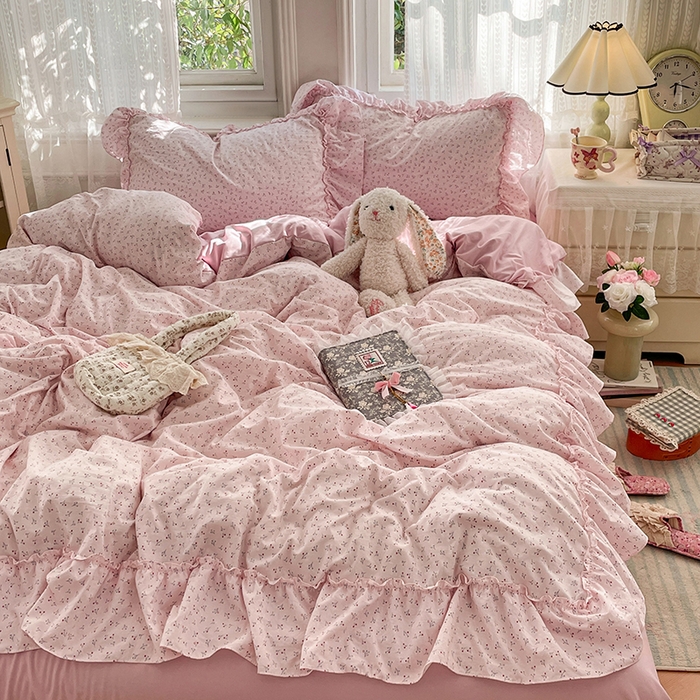 91家纺网 家纺一手货源 找家纺 优佳优品 2026新款A类仿棉水洗法式工艺花边四件套 巴黎粉屿