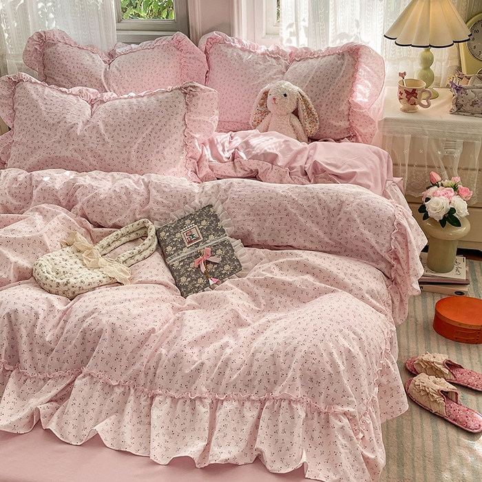 91家纺网 家纺一手货源 找家纺 优佳优品 2026新款A类仿棉水洗法式工艺花边四件套 巴黎粉屿