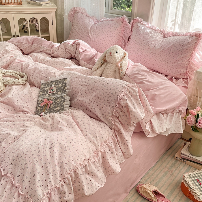 91家纺网 家纺一手货源 找家纺 优佳优品 2026新款A类仿棉水洗法式工艺花边四件套 巴黎粉屿