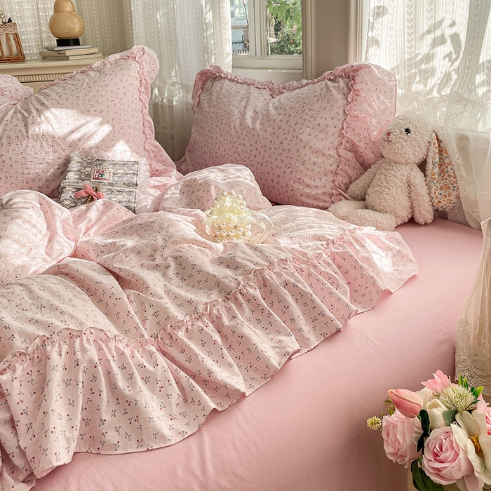 91家纺网 家纺一手货源 找家纺 优佳优品 2026新款A类仿棉水洗法式工艺花边四件套 巴黎粉屿