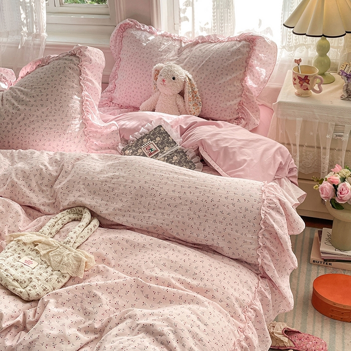 91家纺网 家纺一手货源 找家纺 优佳优品 2026新款A类仿棉水洗法式工艺花边四件套 巴黎粉屿