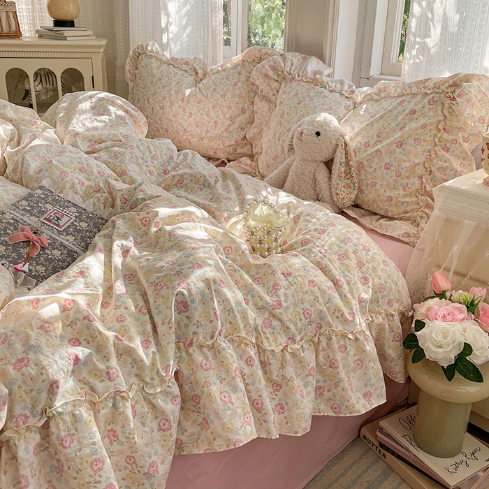 91家纺网 家纺一手货源 找家纺 优佳优品 2026新款A类仿棉水洗法式工艺花边四件套 枫丹香谢