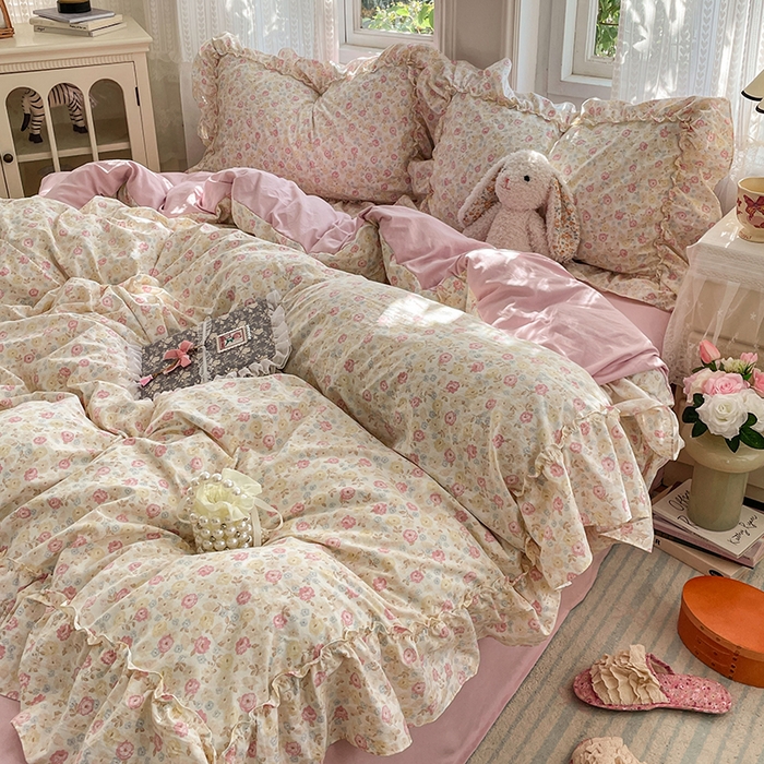 91家纺网 家纺一手货源 找家纺 优佳优品 2026新款A类仿棉水洗法式工艺花边四件套 枫丹香谢