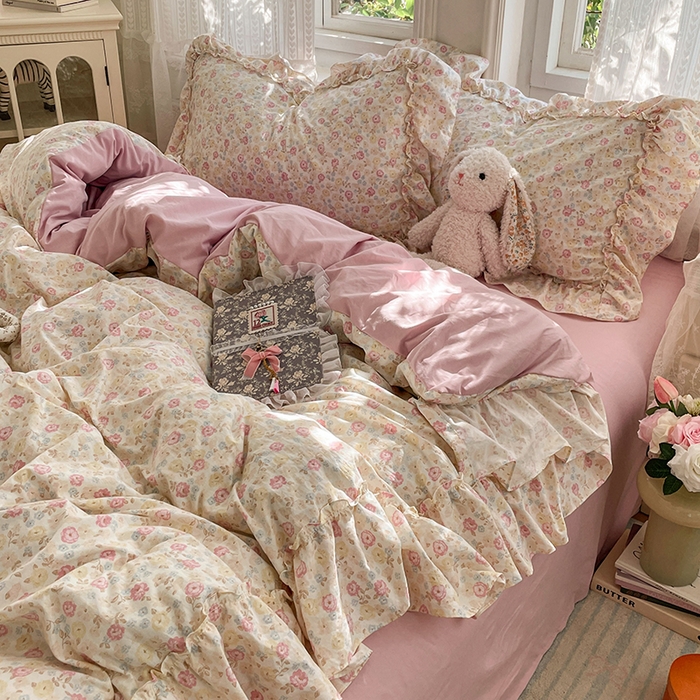 91家纺网 家纺一手货源 找家纺 优佳优品 2026新款A类仿棉水洗法式工艺花边四件套 枫丹香谢