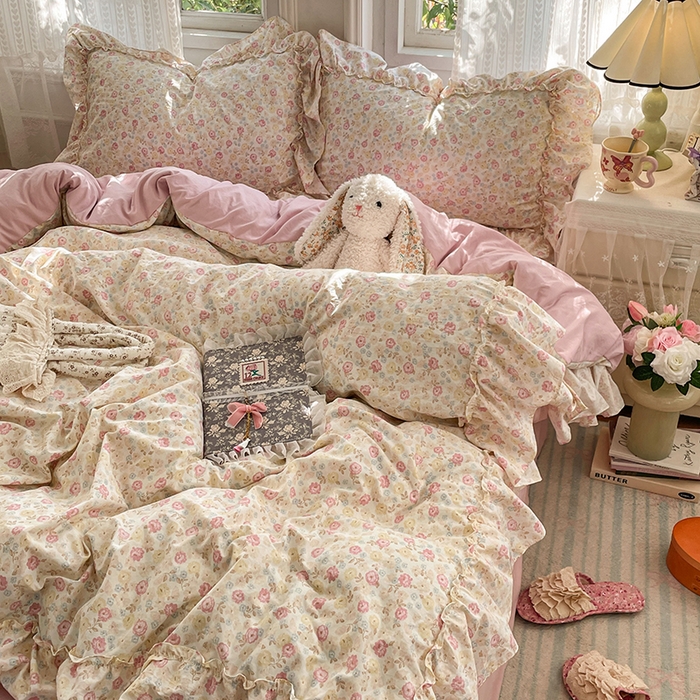 91家纺网 家纺一手货源 找家纺 优佳优品 2026新款A类仿棉水洗法式工艺花边四件套 枫丹香谢