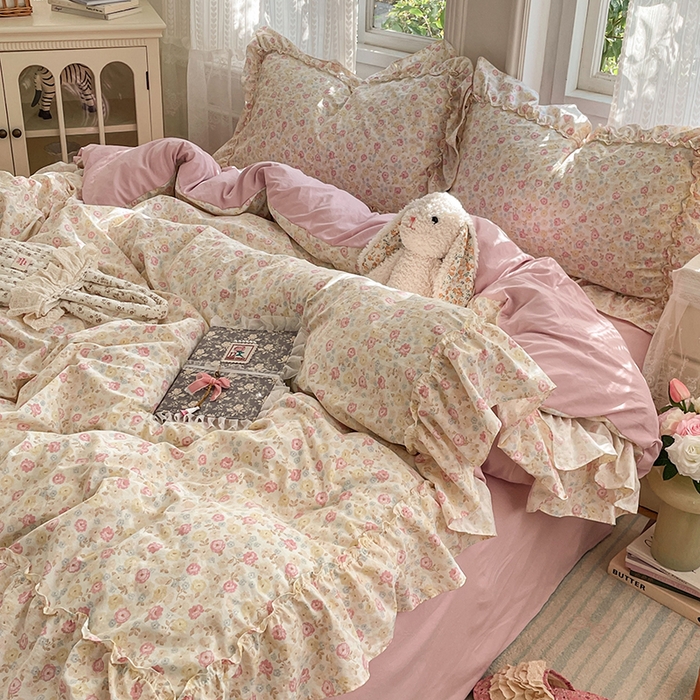 91家纺网 家纺一手货源 找家纺 优佳优品 2026新款A类仿棉水洗法式工艺花边四件套 枫丹香谢