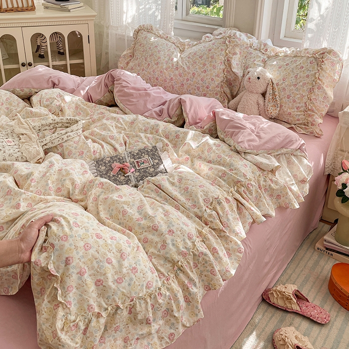 91家纺网 家纺一手货源 找家纺 优佳优品 2026新款A类仿棉水洗法式工艺花边四件套 枫丹香谢