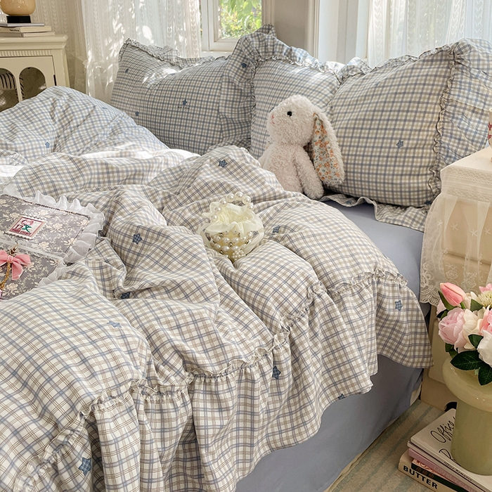 91家纺网 家纺一手货源 找家纺 优佳优品 2026新款A类仿棉水洗法式工艺花边四件套 格纹河畔