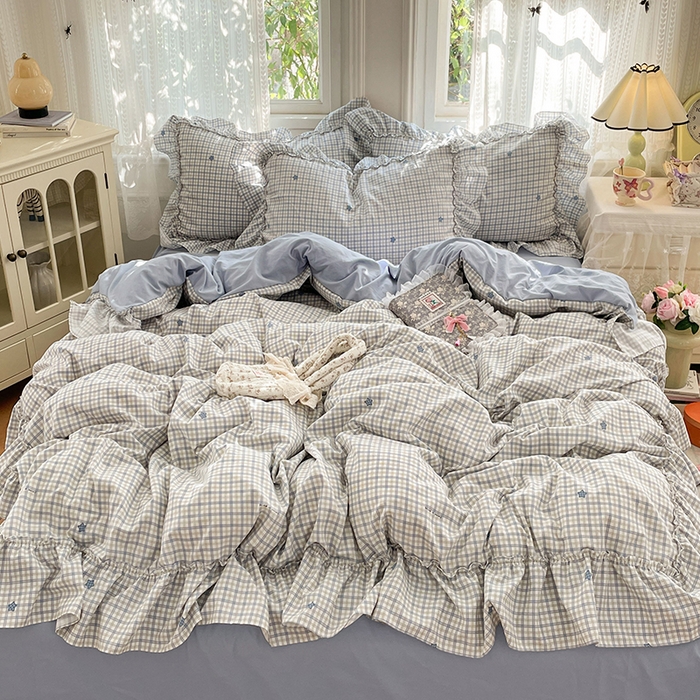 91家纺网 家纺一手货源 找家纺 优佳优品 2026新款A类仿棉水洗法式工艺花边四件套 格纹河畔