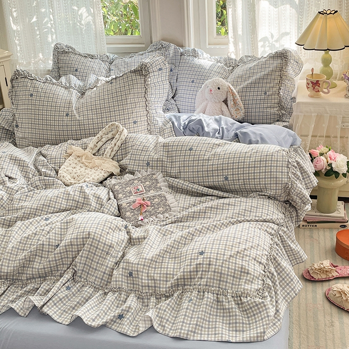 91家纺网 家纺一手货源 找家纺 优佳优品 2026新款A类仿棉水洗法式工艺花边四件套 格纹河畔